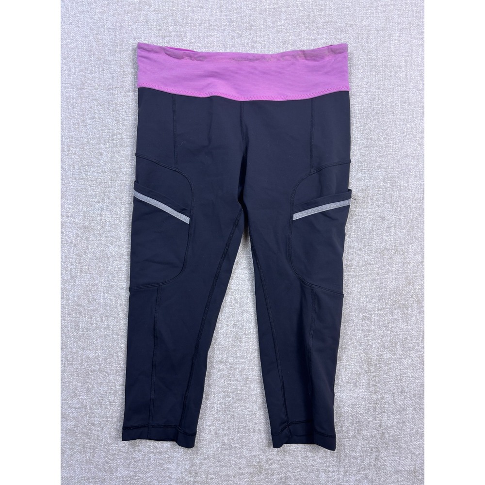 Lululemon Speed Up Crop Black Pink Running Leggings Pockets Reflective Size 8